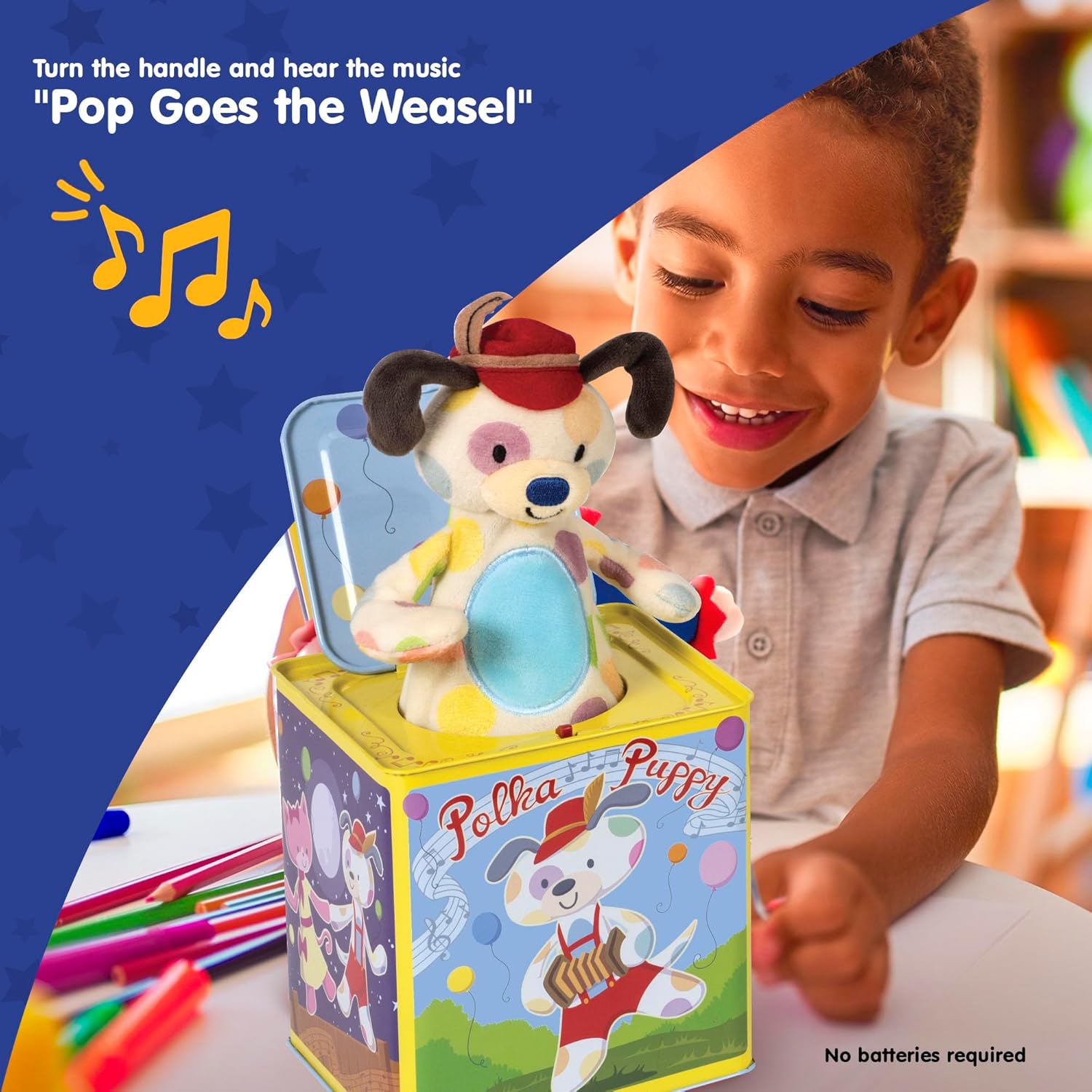 Schylling Polka Puppy Jack in the Box - Classic Children-s Musical Toy that Dances - Colorful Embossed Tin Box and Lovable Puppy Plush - Age 18 months and Up - Image 2